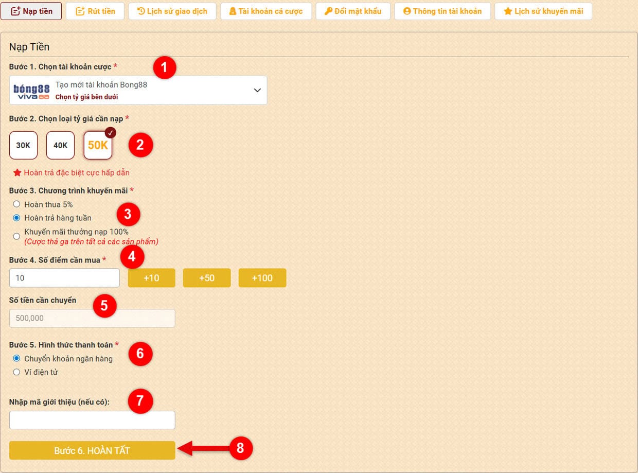 Bước 2: Nhập số tiền nạp vào tài khoản