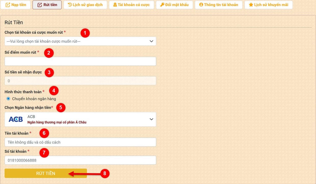 Bước 2: Nhập thông tin rút tiền
